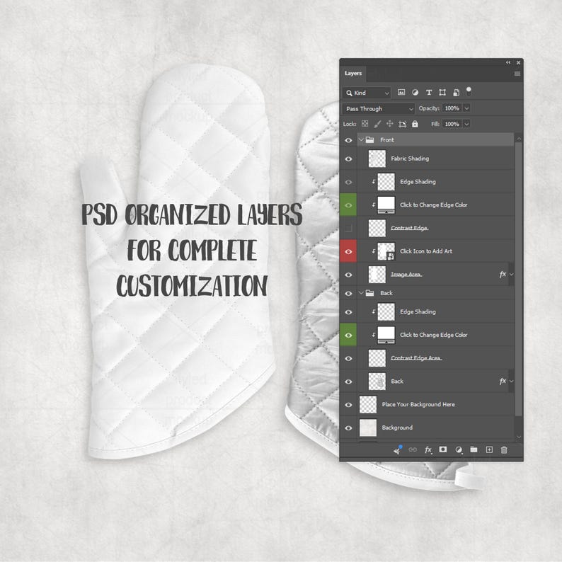 May include: White quilted oven mitt with a diamond pattern. The mitt is shown next to a digital interface with the text "PSD ORGANIZED LAYERS FOR COMPLETE CUSTOMIZATION". The interface shows various layers for customization.