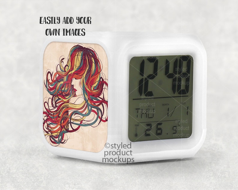Dye sublimation LED light up digital alarm clock angled view Etsy