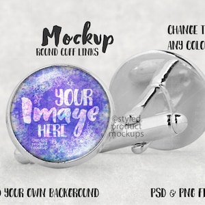 Puede incluir: Un par de gemelos de plata con un diseño redondo, morado, azul y blanco. El diseño presenta un patrón floral y el texto "YOUR Image HERE".
