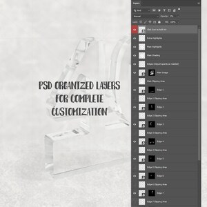 Puede incluir: Un n&uacute;mero cuatro de acr&iacute;lico transparente con el texto "PSD ORGANIZED LAYERS FOR COMPLETE CUSTOMIZATION" en negro. La imagen tambi&eacute;n muestra una interfaz de archivo de Photoshop en capas.
