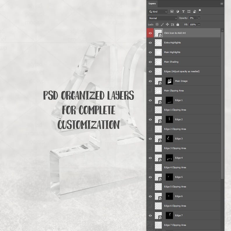 Puede incluir: Un n&uacute;mero cuatro de acr&iacute;lico transparente con el texto "PSD ORGANIZED LAYERS FOR COMPLETE CUSTOMIZATION" en negro. La imagen tambi&eacute;n muestra una interfaz de archivo de Photoshop en capas.