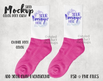 Dye sublimation crew sock with color foot mockup | Add your own image and background