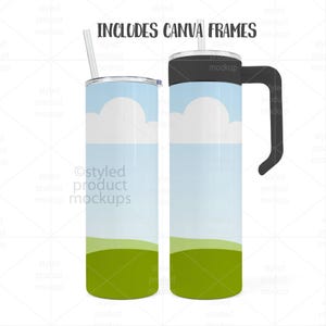 May include: Two stainless steel tumblers with a sky and cloud design. One tumbler has a straw, and the other has a black handle. The design features a blue sky with white clouds and a green grassy area at the bottom. The text "INCLUDES CANVA FRAMES" is at the top.