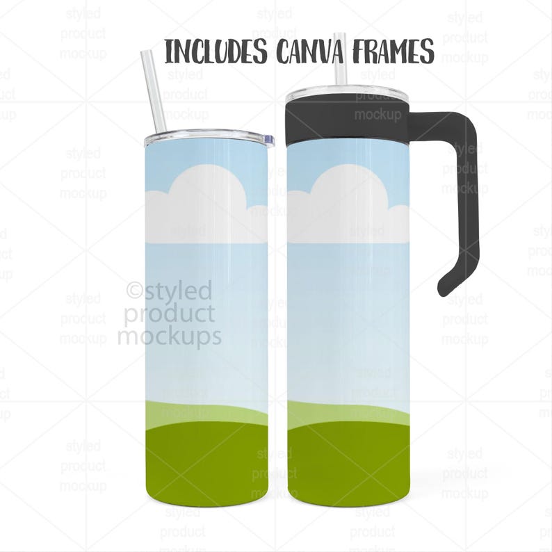 May include: Two stainless steel tumblers with a sky and cloud design. One tumbler has a straw, and the other has a black handle. The design features a blue sky with white clouds and a green grassy area at the bottom. The text "INCLUDES CANVA FRAMES" is at the top.