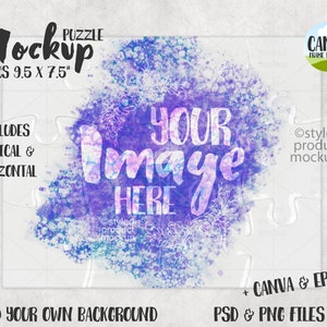 May include: A mockup of a 12 piece jigsaw puzzle with a watercolor background in shades of purple, blue, and white. The text "YOUR Image HERE" is superimposed on the watercolor background. The puzzle pieces are arranged in a grid pattern. The text "PUZZLE Mockup 12 PCS 9.5 X 7.5" is at the top of the image. The text "INCLUDES VERTICAL & HORIZONTAL" is on the left side of the image. The text "CANVA FRAME INCLUDED" is in a green circle at the top right of the image. The text "Ostyled product mockups" is on the right side of the image. The text "ADD YOUR OWN BACKGROUND" is at the bottom of the image. The text "+ CANVA & EPS PSD & PNG FILES" is at the bottom right of the image.