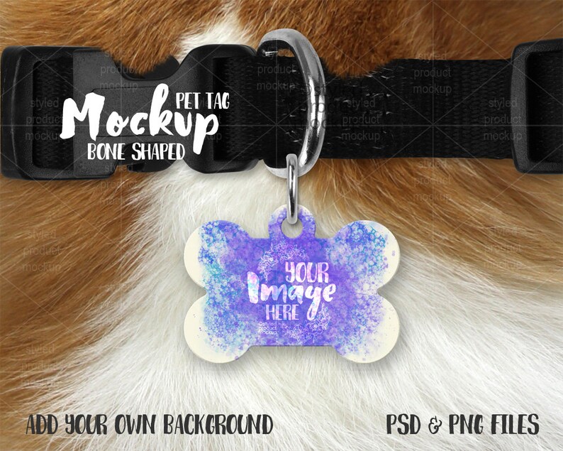 Bone Shaped Pet Tag on a Dog Collar Mockup Template Add Your Etsy