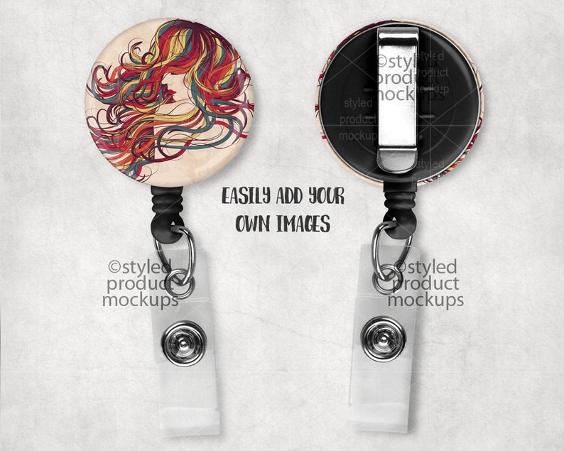 Download Button badge reel with slide on clip Mockup Template with ...