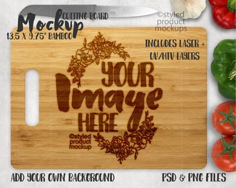 Rectangle bamboo cutting board with handle mockup | Add your own image and background