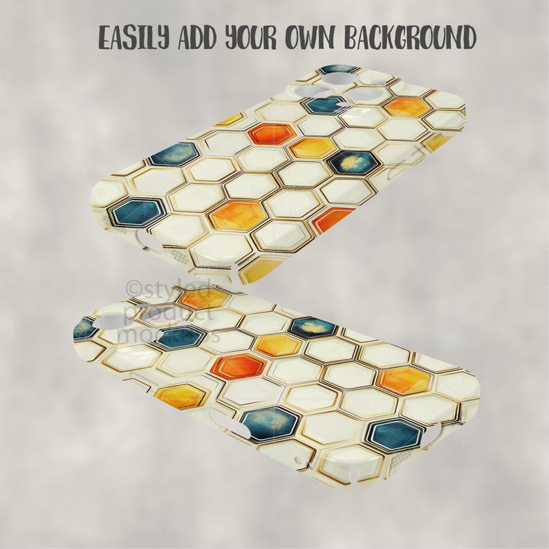 May include: Two phone cases with a white honeycomb pattern, featuring orange, yellow, and blue hexagonal accents. The text "EASILY ADD YOUR OWN BACKGROUND" is at the top. The cases are angled, showcasing the design.
