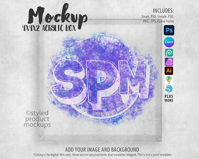 May include: A mockup of a clear acrylic box with a watercolor background. The box is 4x4x2 inches and has a stylized product mockup inside. The text "SPM!" is visible in the mockup.