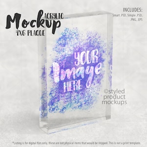 Pode incluir: Uma maquete de placa acrílica transparente com um design de aquarela em tons de azul, rosa e roxo. O texto "YOUR image HERE" é sobreposto ao design. A placa mede 4x6 polegadas.