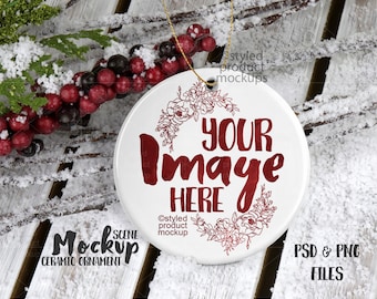 Dye sublimation round ceramic ornament mockup | Add your own image
