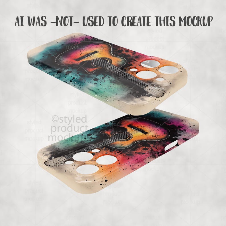 Pode incluir: Duas capas de telem&oacute;vel com um design de guitarra em aquarela. As capas apresentam um design abstrato colorido com uma guitarra em tons de laranja, vermelho e preto. As capas t&ecirc;m recortes para a c&acirc;mara e bot&otilde;es. O texto "AI WAS -NOT- USED TO CREATE THIS MOCKUP" &eacute; vis&iacute;vel.