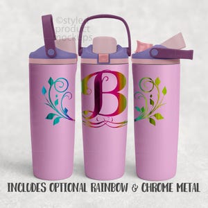 May include: Three pink insulated water bottles with a flip-top lid and handle. One bottle features a large, rainbow-colored letter "B", while the other two have a colorful floral design. The text at the bottom reads "INCLUDES OPTIONAL RAINBOW & CHROME METAL."