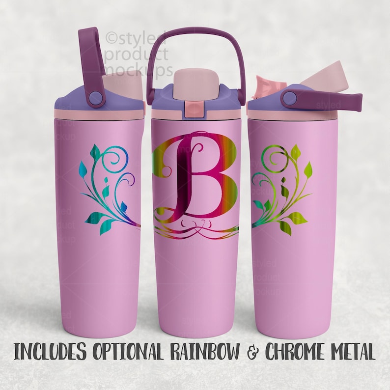 May include: Three pink insulated water bottles with a flip-top lid and handle. One bottle features a large, rainbow-colored letter "B", while the other two have a colorful floral design. The text at the bottom reads "INCLUDES OPTIONAL RAINBOW & CHROME METAL."