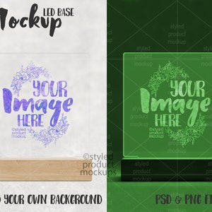 May include: A mockup of a clear acrylic LED sign with a wooden base. The sign has a floral design and the text "YOUR IMAGE HERE".