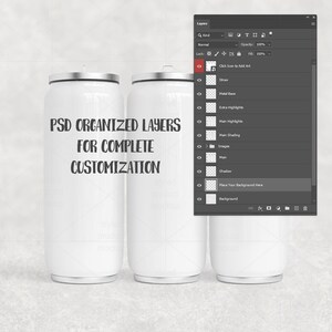May include: Three white, cylindrical tumblers with silver lids are displayed. The text "PSD ORGANIZED LAYERS FOR COMPLETE CUSTOMIZATION" is printed on the front of the tumblers. A digital interface with layers is visible in the background.