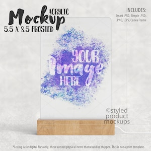 以下が含まれることがあります： アクリルモックアップ、つや消し仕上げ、14 x 21.6 cm、テキスト「Your Image Here」付き。モックアップには木製のベースが含まれており、デジタルファイル用に設計されています。画像には「Styled Product Mockups」というテキストも含まれています。