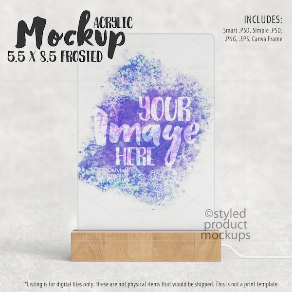 Dye sublimation frosted acrylic LED photo panel with wood base Mockup | Add your own image and background