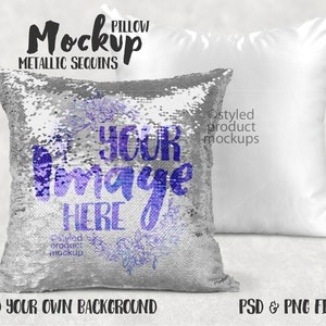 May include: A silver sequin pillow with the text "Put your image here" in purple and blue lettering. The pillow is on a white background.