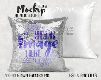 May include: A silver sequin pillow with the text "Put your image here" in purple and blue lettering. The pillow is on a white background.