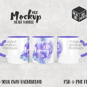 Dye Sublimationstasse mit Herzgriff Mockup | Fügen Sie Ihr eigenes Bild und Hintergrund hinzu