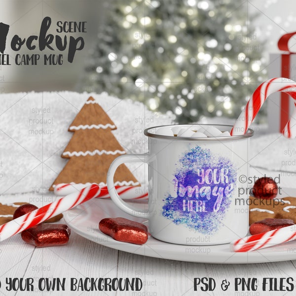 Dye sublimation 11oz enamel camp mug Christmas scene Mockup | Add your own image