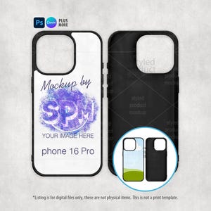 Peut inclure: Maquette de deux coques de t&eacute;l&eacute;phone, une blanche et une noire, avec un bord noir. La coque blanche porte la mention "Mockup by SPM" et "Your Image Here" avec "phone 16 Pro" en dessous. La coque noire est unie.