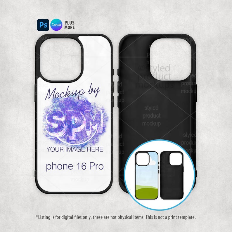 Peut inclure: Maquette de deux coques de t&eacute;l&eacute;phone, une blanche et une noire, avec un bord noir. La coque blanche porte la mention "Mockup by SPM" et "Your Image Here" avec "phone 16 Pro" en dessous. La coque noire est unie.