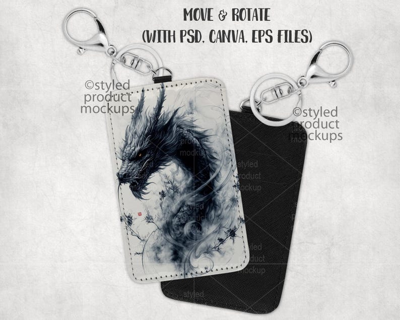 May include: A black and white illustration of a dragon on a white key chain with a black leather backing. The key chain has a silver metal ring and clasp. The text "Ostyled product mockups" is printed on the leather backing.
