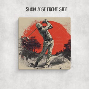 Puede incluir: Ilustraci&oacute;n cuadrada con tem&aacute;tica de golf que representa a un golfista en pleno swing contra un fondo de sol rojo. La obra de arte es de estilo vintage con una paleta de colores apagados. El texto "SHOW JUST FRONT SIDE" est&aacute; en la parte superior.