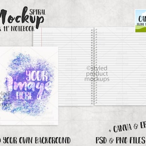 Standaard spiraalgebonden papieren notitieboekje Mockup | Voeg je eigen afbeelding en achtergrond toe | mockup met canvasframe