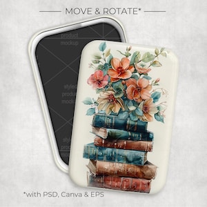 May include: A phone case featuring a watercolor design of a stack of books topped with flowers in shades of orange, pink, and blue. The case is white with a black interior. Text on the image reads "MOVE & ROTATE*" and "*with PSD, Canva & EPS."