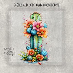 May include: A digital illustration of a cactus with pink and orange flowers. The cactus is surrounded by smaller cacti and green leaves. The background is a light gray.