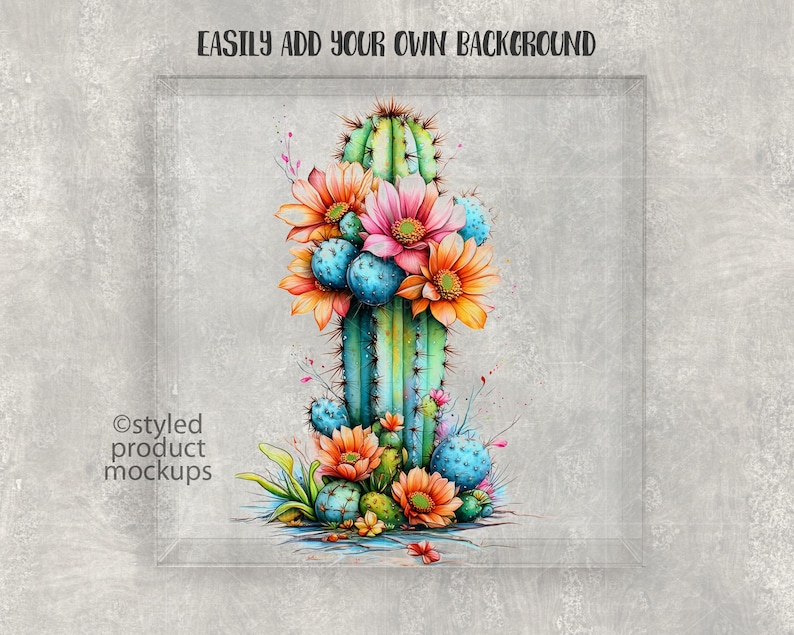 May include: A digital illustration of a cactus with pink and orange flowers. The cactus is surrounded by smaller cacti and green leaves. The background is a light gray.