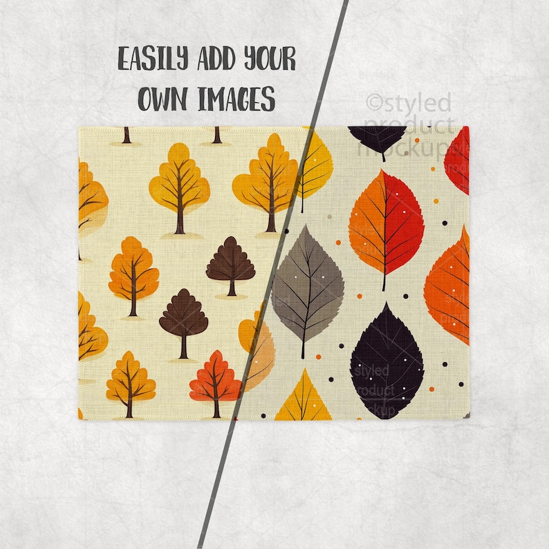 Puede incluir: Un tejido estampado con tem&aacute;tica oto&ntilde;al. El dise&ntilde;o presenta &aacute;rboles y hojas estilizados en tonos naranja, amarillo, marr&oacute;n y gris sobre un fondo crema. El texto "EASILY ADD YOUR OWN IMAGES" es visible en la parte superior.