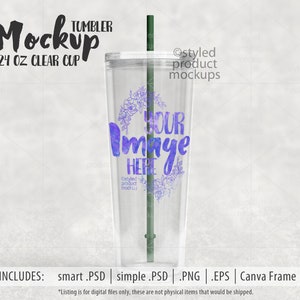 24oz clear plastic double wall cup Mockup | Add your own image and background | canva frame mockup