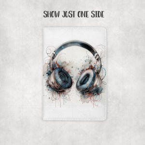 May include: White notebook cover featuring a watercolor illustration of headphones. The headphones are silver and blue, with artistic paint splatters in red, blue, and gray. The text "SHOW JUST ONE SIDE" is at the top.