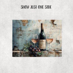 Puede incluir: Naturaleza muerta con una botella de vino, dos copas de vino rosado y un racimo de uvas. El fondo es una pared azul y marr&oacute;n desgastada, creando un ambiente r&uacute;stico. El texto "SHOW JUST ONE SIDE" est&aacute; en la parte superior.