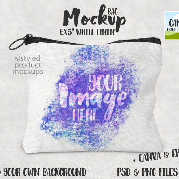 Dye sublimation small white linen bag Mockup | Add your own image and background | canva frame mockup