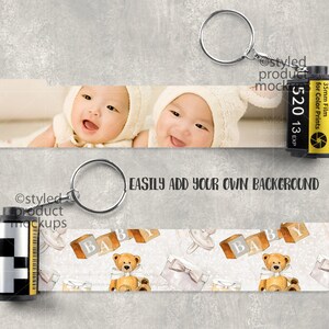 May include: A keychain with a film strip design. One strip features a photo of a smiling baby, the other has baby-themed illustrations. A film canister is attached. The text "EASILY ADD YOUR OWN BACKGROUND" is visible.