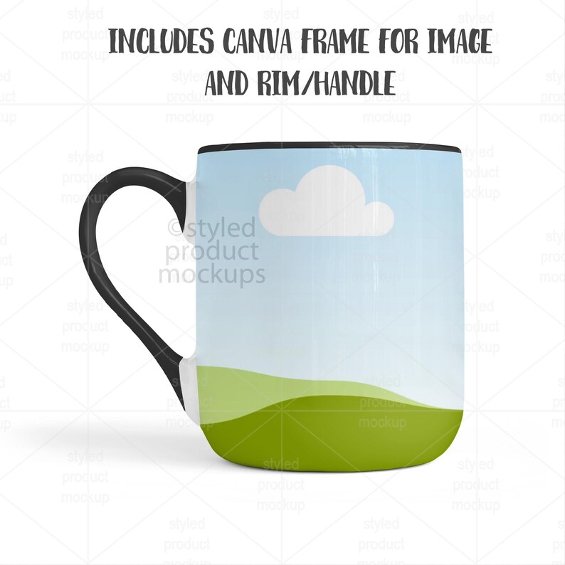 May include: A white ceramic mug with a black handle and rim. The mug features a sky and landscape design with a white cloud and green hills. Text at the top reads "INCLUDES CANVA FRAME FOR IMAGE AND RIM/HANDLE."