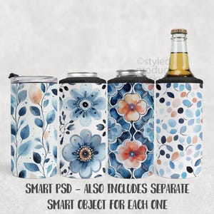 May include: Four drink holders with floral designs. One is a tumbler with a black lid, and the others are can coolers. The designs feature blue and orange watercolour flowers and leaves on a white background. The text at the bottom reads "SMART PSD - ALSO INCLUDES SEPARATE SMART OBJECT FOR EACH ONE."