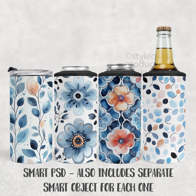 May include: Four drink holders with floral designs. One is a tumbler with a black lid, and the others are can coolers. The designs feature blue and orange watercolour flowers and leaves on a white background. The text at the bottom reads "SMART PSD - ALSO INCLUDES SEPARATE SMART OBJECT FOR EACH ONE."