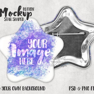 Puede incluir: Una maqueta de un botón con forma de estrella con un diseño de acuarela. El botón es blanco con un diseño de acuarela morado y azul y el texto "YOUR Image HERE".