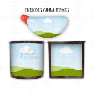 May include: A digital product mockup set featuring three containers with a landscape graphic of green hills and white clouds against a blue sky. The text INCLUDES CANVA FRAMES is displayed at the top. The containers are round and square.