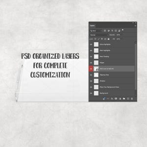 May include: A digital mockup with the text "PSD ORGANIZED LAYERS FOR COMPLETE CUSTOMIZATION" displayed on a clear acrylic tray. A computer screen shows the layers panel of an image editing program.