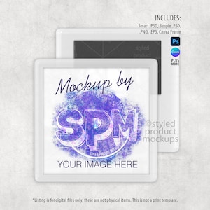Puede incluir: Una maqueta de producto cuadrada blanca con el texto "Mockup by SPM" en un dise&ntilde;o morado y azul. Tambi&eacute;n son visibles las palabras "YOUR IMAGE HERE". La imagen incluye el texto "INCLUDES: Smart .PSD, Simple .PSD, PNG, EPS, Canva Frame".