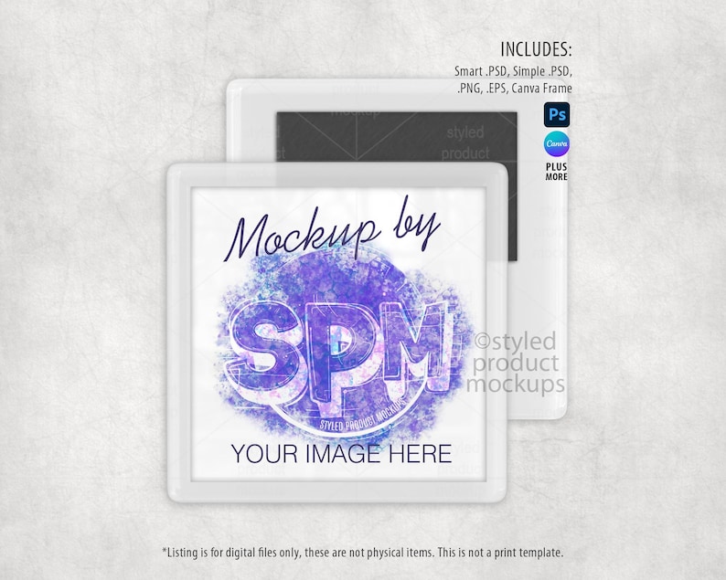 Puede incluir: Una maqueta de producto cuadrada blanca con el texto "Mockup by SPM" en un dise&ntilde;o morado y azul. Tambi&eacute;n son visibles las palabras "YOUR IMAGE HERE". La imagen incluye el texto "INCLUDES: Smart .PSD, Simple .PSD, PNG, EPS, Canva Frame".