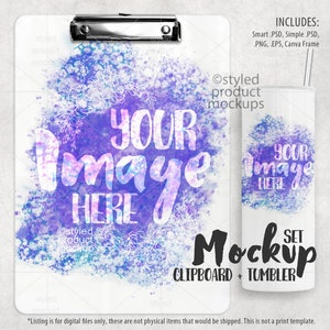 Dye sublimation clipboard and 20oz skinny tumbler gift set Mockup | Add your own image and background